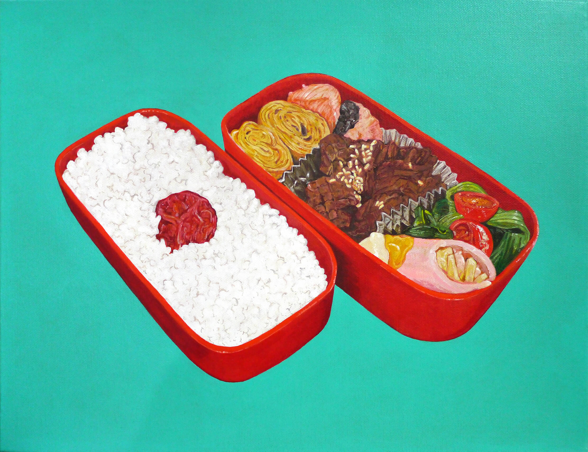 BENTO-May 27, 2018 (Calories 702 kcal, Protein 31.9 g, Total Fat 25.9 g, Total Carbohydrate 80.9 g, Sodium 10.1g / Ingredients; Rice, Japanese-style rolled omelette, Salted salmon, Eggplant and fried konjac, Pak choy, Mini tomato, Pickled plum, Ham, Cheese, Mayonnaise, Mustard, Vegetable oil, Mirin-like seasoning, Sugar, Soy sauce, Sesame)