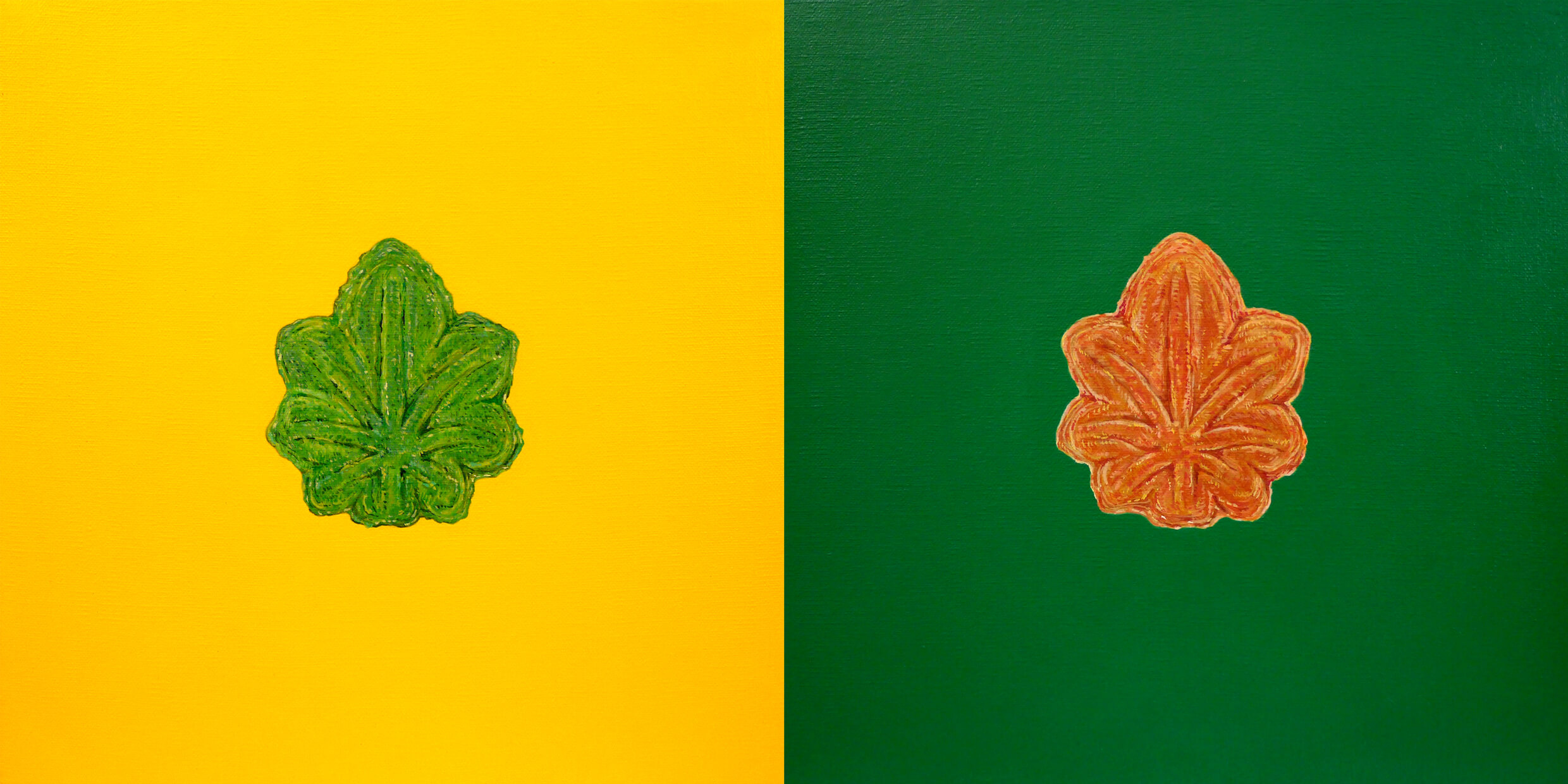 Cannabis-Shaped Sweet Buns (India × Pakistan)2020, acrylic on linen canvas, cannabis oil(contains CBD), 12 × 12 inches (30.5 × 30.5 cm) (set of 2)