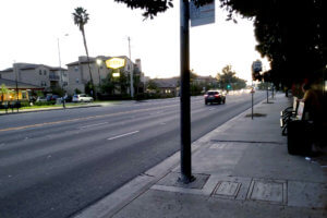 View of road, Dennys and bus stop in California