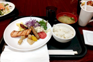 Japanese Breakfast these are Miso soup, rice and a grilled salmon