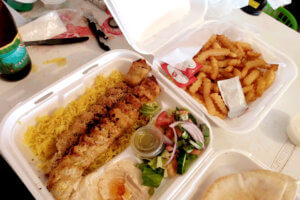 Chicken Kafta and french fries on the table