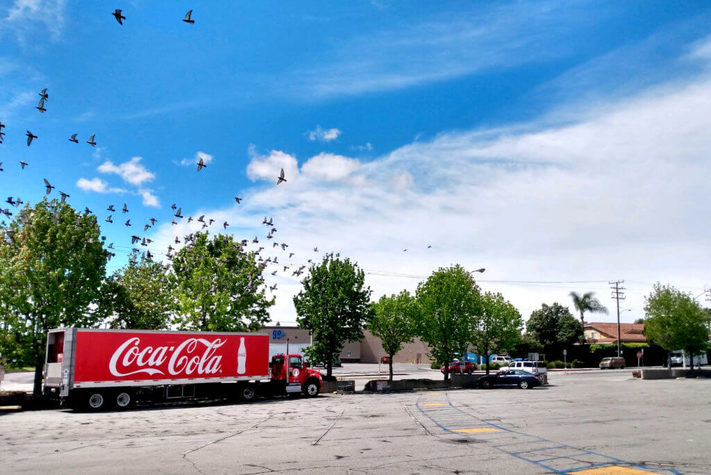 CocaCola trailer, flying birds at the parking of supermarket in Torrance California