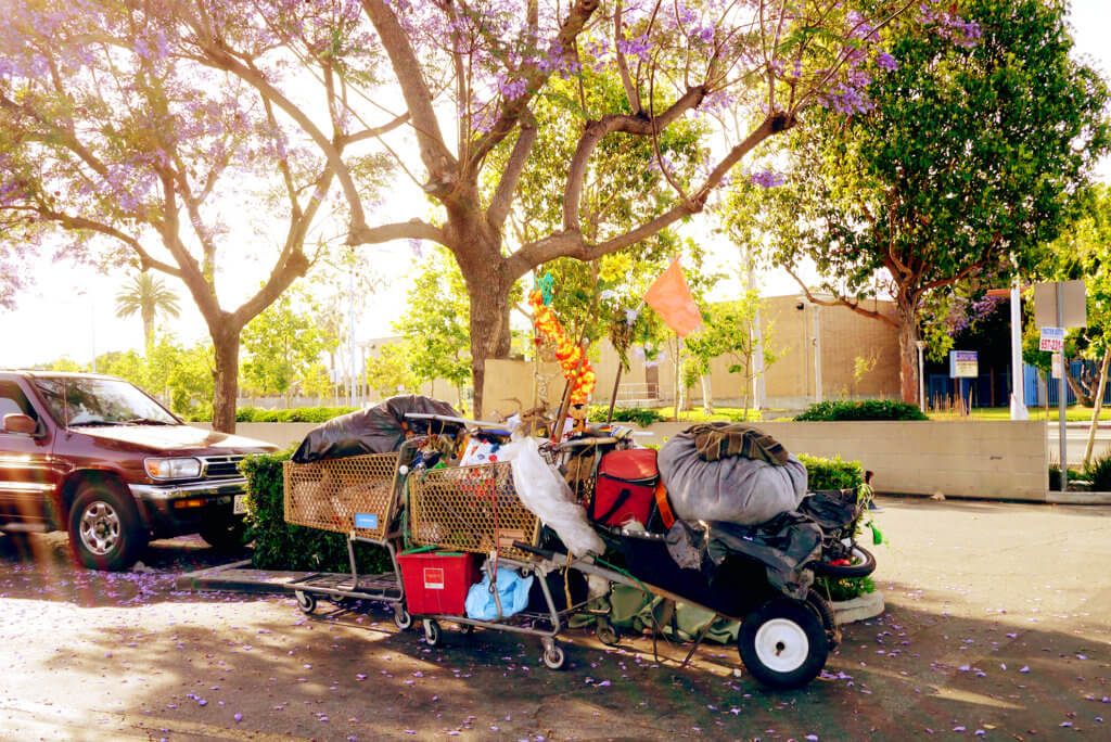 Homeless cart in the car park in Carson