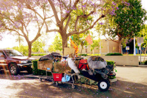 Homeless cart in the car park in Carson