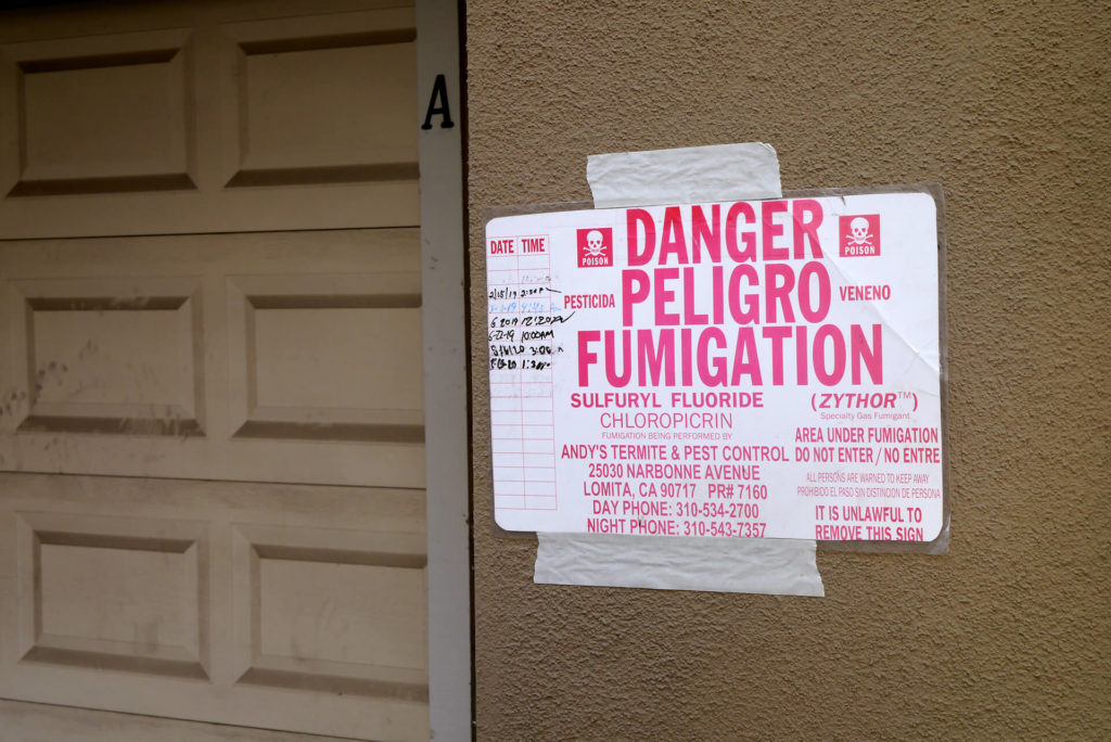 Sign board of danger prligro fumigation in the US
