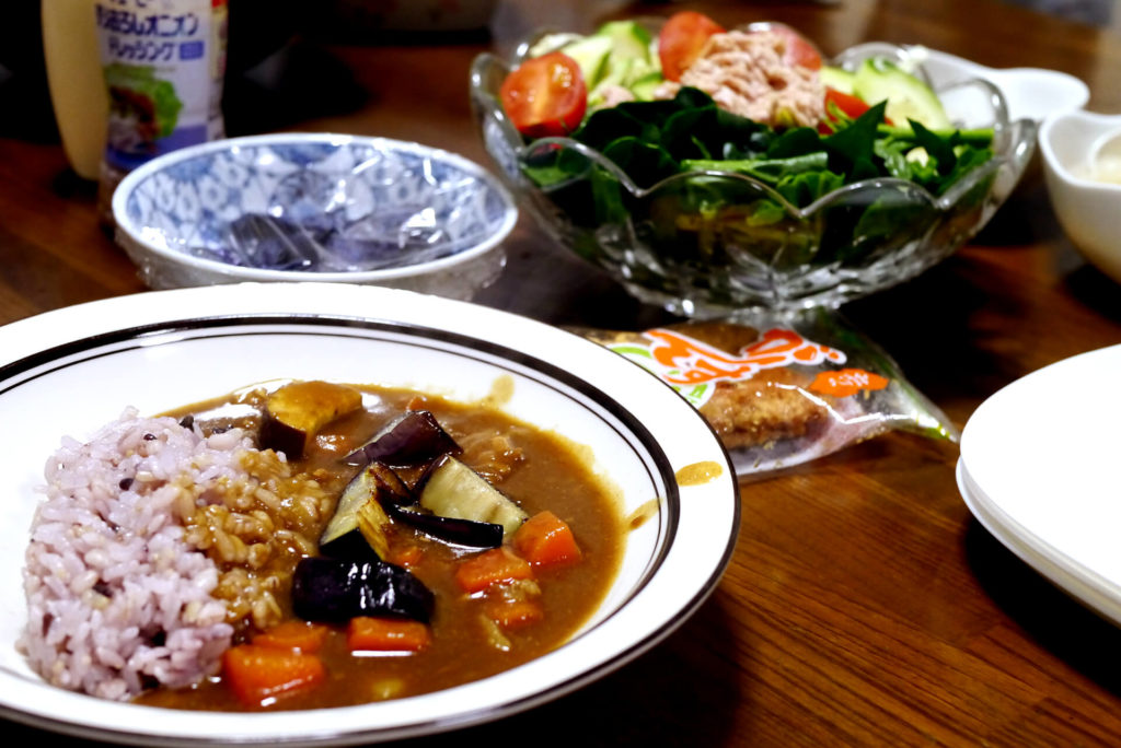 Japanese curry and salad on the table