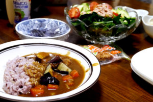 Japanese curry and salad on the table