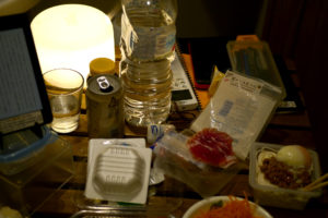 dinnerof convenience stores on the messy table