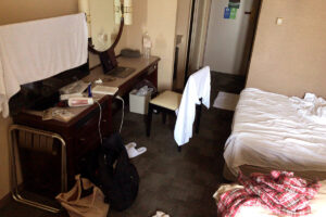 Messy hotel room in Hiroshima Japan