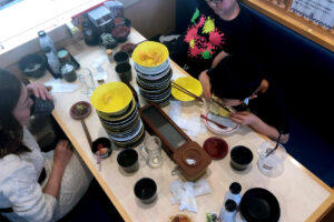 Eating conveyor belt sushi at Hamazushi