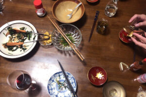 Japanese dishes and Japanese sake on the table at the traditional Japanese family Hiroshima Japan