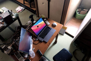 Messy working space at my parents house Japanese tatami mat floor