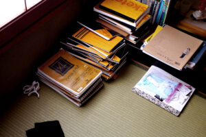 Sketch books on the tatami mat floor in Hiroshima Japan