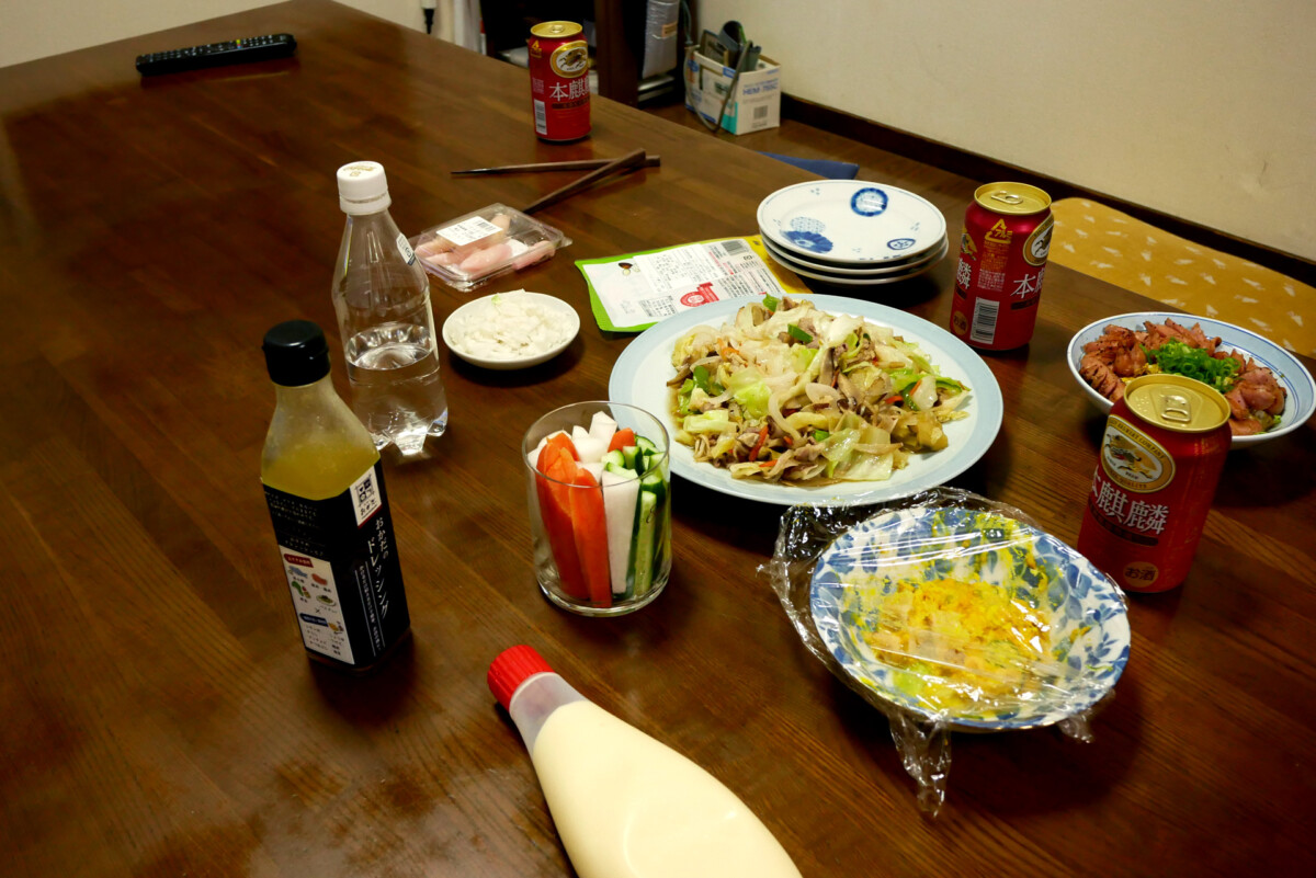 Father's cooking Japanese home dining table with supper made by my father in Hiroshima Japan