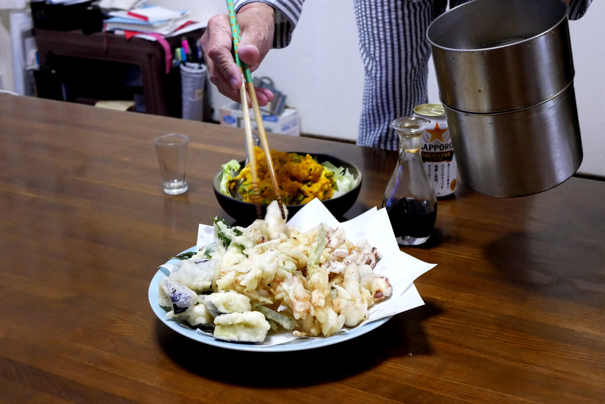 Serving tempura Serving hand-maid Tempura at Japanese family in Hiroshima Japan