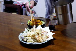 Serving hand-maid Tempura at Japanese family in Hiroshima Japan