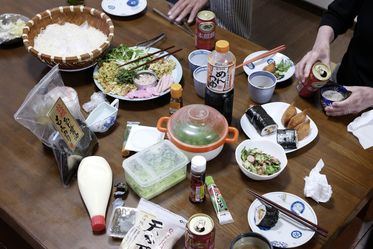 Somen noodles Japanese family style Somen noodles and toppings on the table in Hiroshima Japan