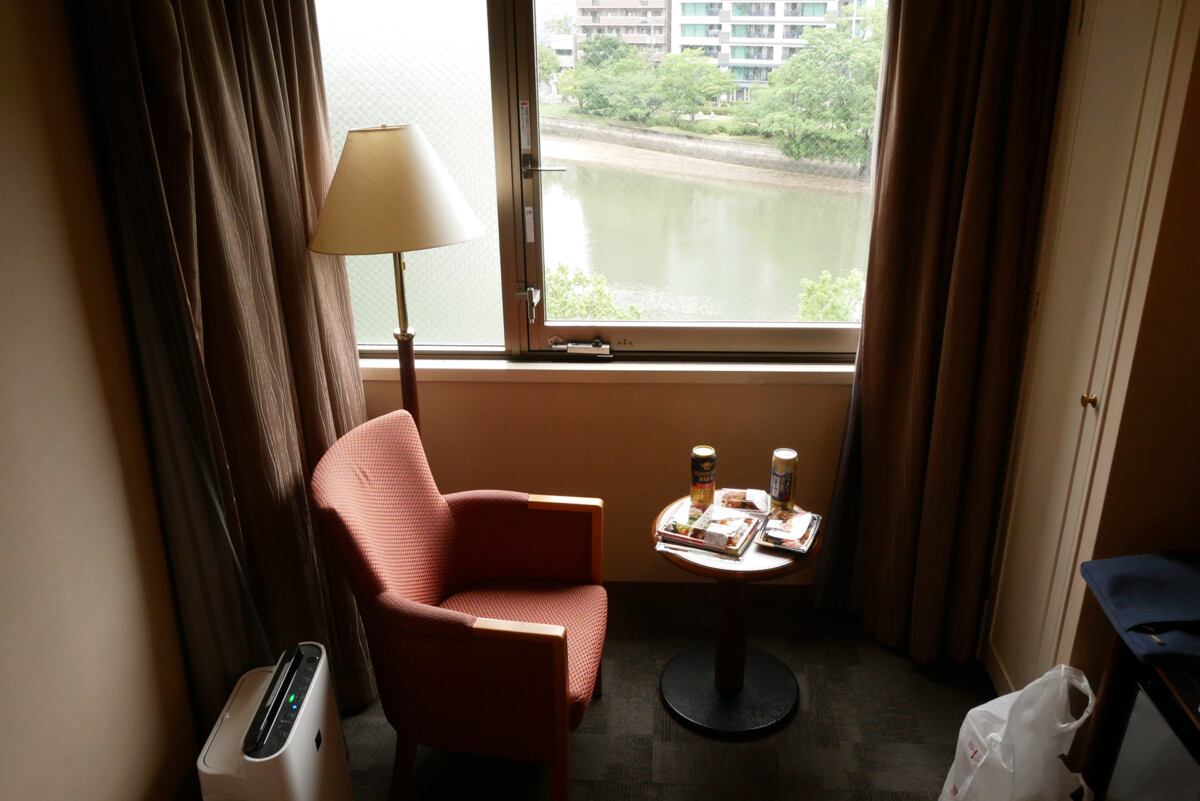 a hotel room In a hotel room window side at Sotetsu Hotel in Hiroshima Japan