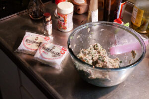 Cooking gyoza ingredients on the kitchen