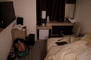 Still dark in the early morning at Koko hotel's single room in Hiroshima Japan