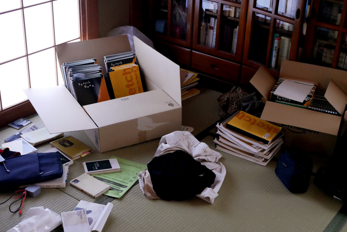 Sketch books Sketch books in the cardboard boxes on the tatami mat floor in Hiroshima Japan