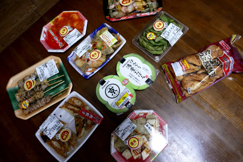 Japanese discounted pre-cooked foods on the table