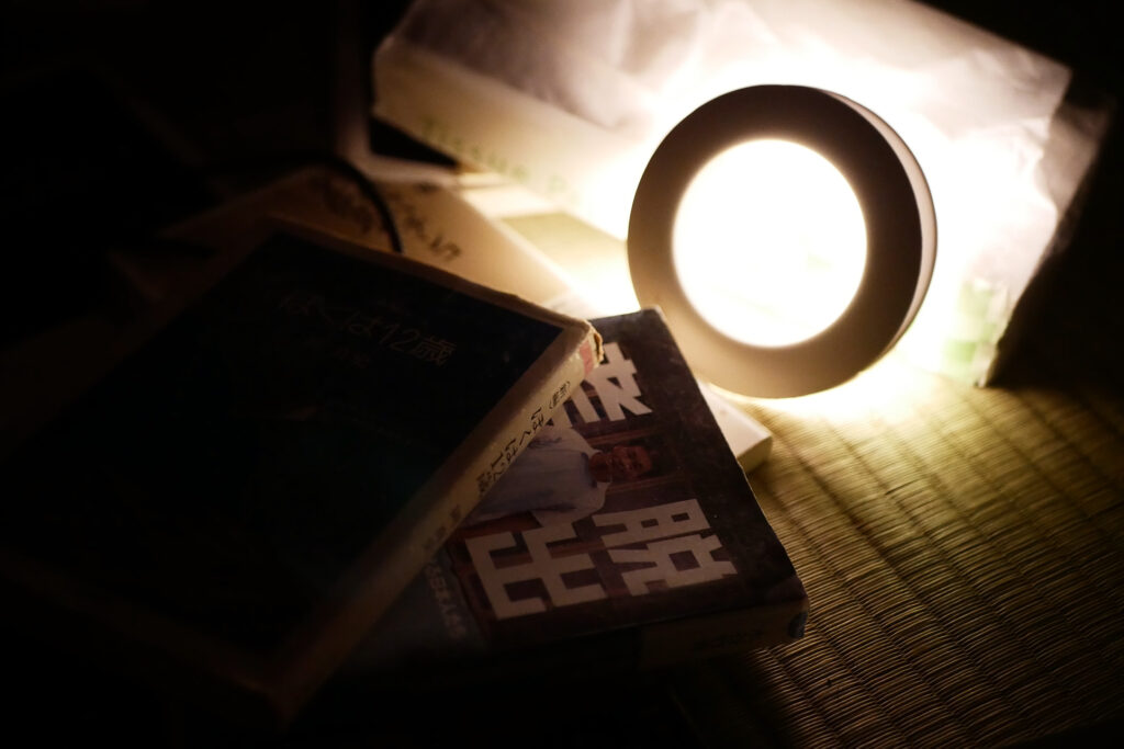 Ring light and books on the Japanese tatami mat