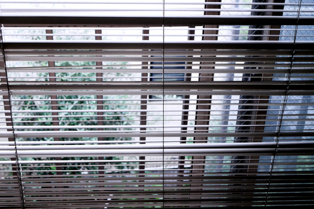 Green garden seen through the window blinds