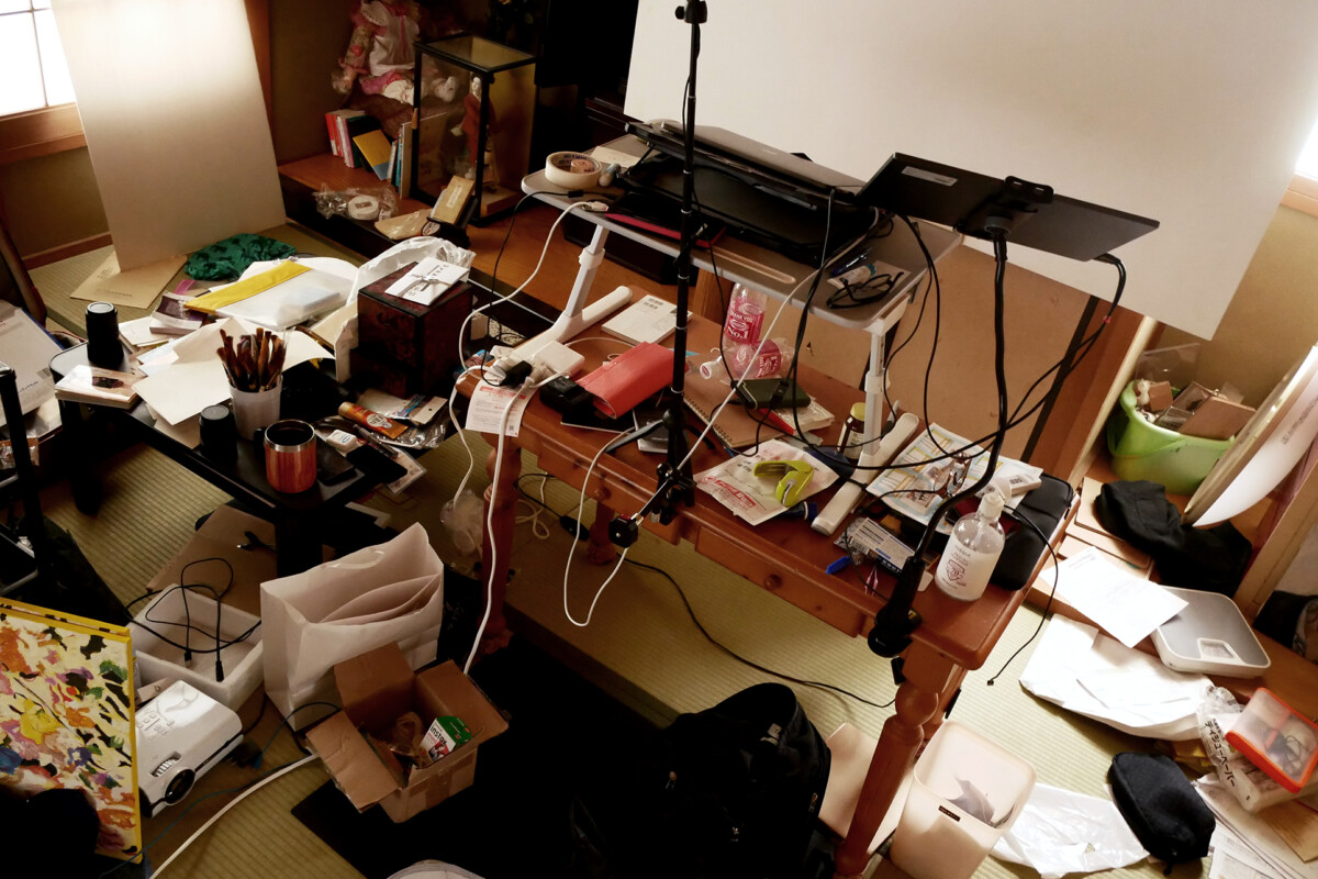 Messy room Much of objects on the Japanese tatami mat floor room