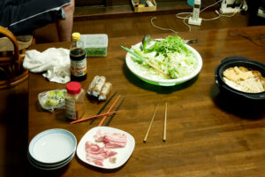 Mizutaki hot pot on the wooden table