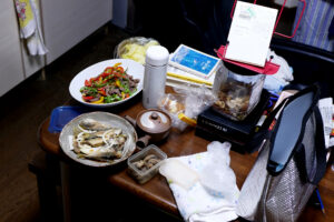 Japanese home made dishes on the messy table