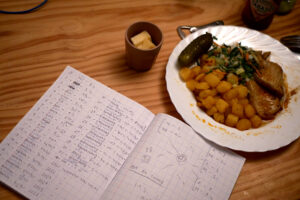 Dishes and note which wrote Dutch words on the table