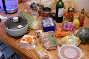 Ingredients of bento(Japanese lunch box) on the wooden table