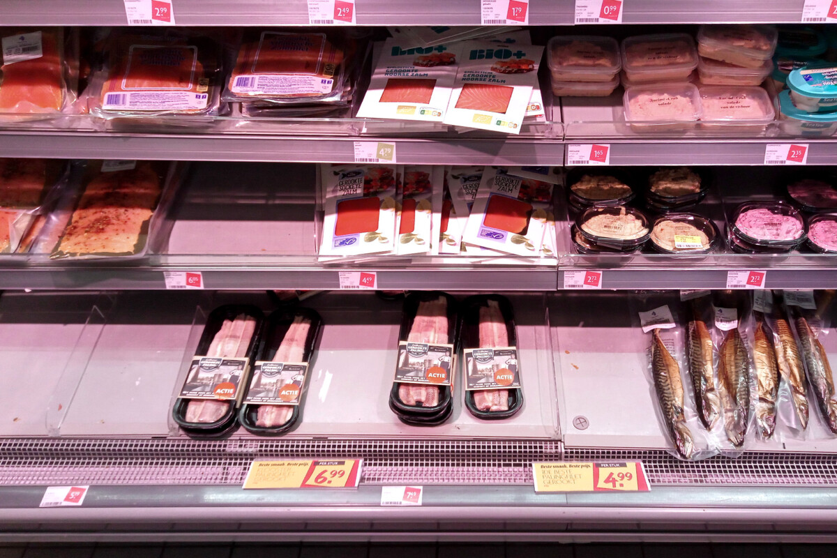 Sea foods display at supermarket DEKA Market in the Netherlands