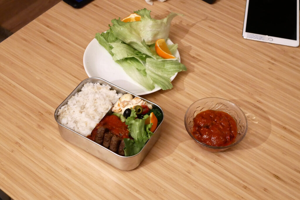 Hamburg Bento lunch box on the wooden table