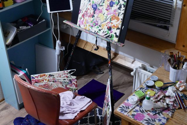 Contemporary paintings in the artist studio in the Netherlands