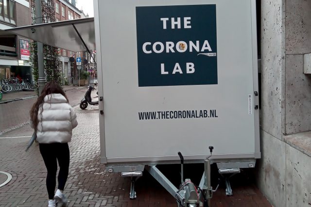 The corona lab trailer on the street in Amsterdam