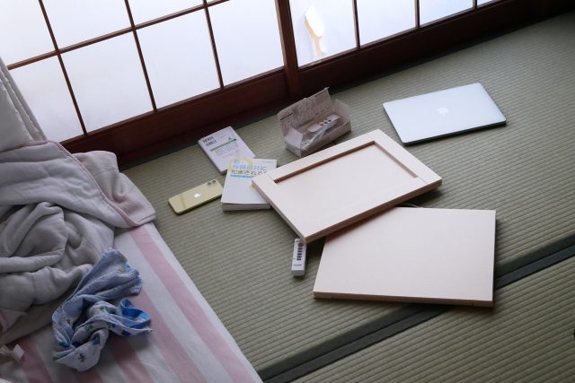 Mobile canvas, book, iPhone, antigen kit on tatami mat