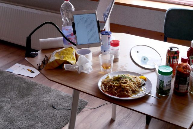 View of easy dinner, there are spaghetti, iPad, seasonings