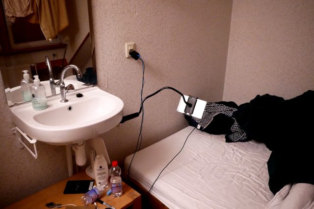 Washbasin in my room, watching movie on the bed