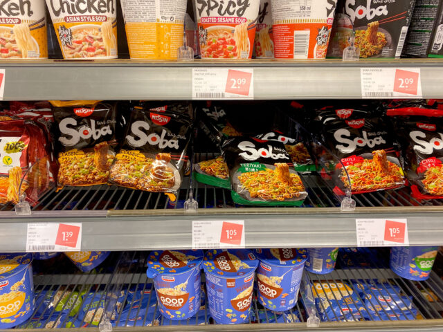 Packed instant Nissin yakisoba on the display at the supermarket