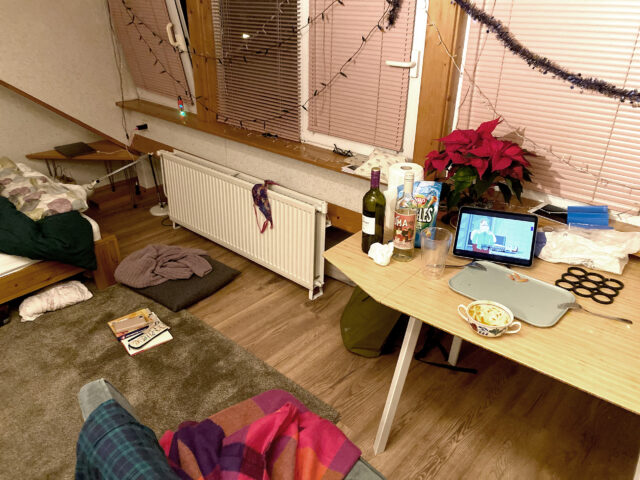A messy room, there are flower pot, ipad, wines on the table