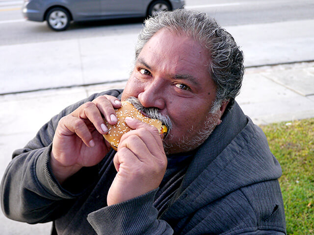 Photographing elements for the ONE BITE CHALLENGE series, homeless people