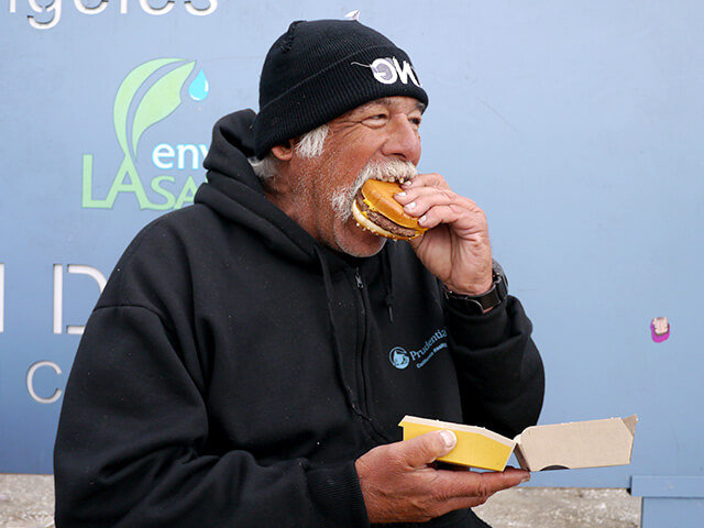 Photographing elements for the ONE BITE CHALLENGE series, homeless people