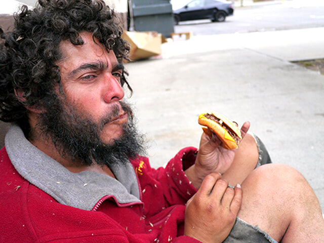 Photographing elements for the ONE BITE CHALLENGE series, homeless people