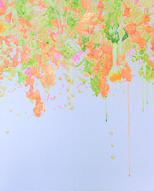 LIFE feat 7,560kcal(吉野家：牛丼並盛×10+みそ汁×2+けんちん汁×3+玉子×1+追っかけ小鉢ねぎ玉子×1+追っかけ小鉢おくらとろろ×1+お新香×4+コールスローサラダ×3)2012年 パネルにケント紙、アクリル、色鉛筆、アイシャドー 53.0×65.2cm