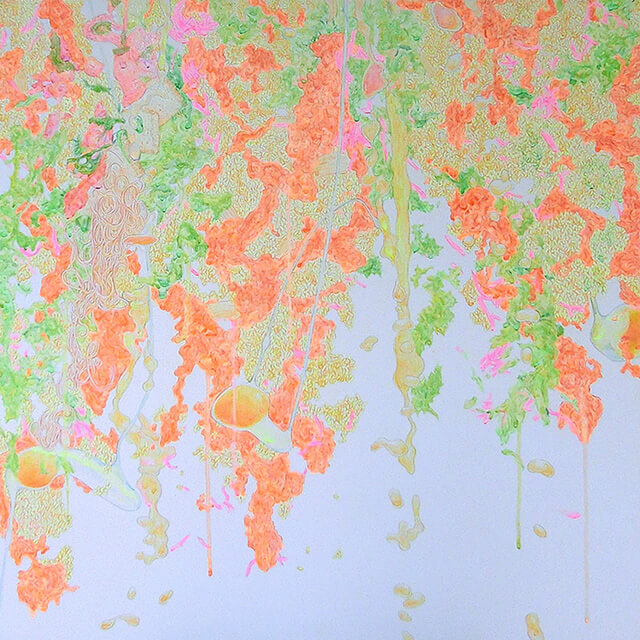 LIFE feat 9,309kcal(吉野家：牛丼並盛×12+みそ汁×1+けんちん汁×3+玉子×3+追っかけ小鉢豆腐白滝×1+お新香×4+キムチ×1+コールスローサラダ×5)2012年 パネルにケント紙、アクリル、色鉛筆、アイシャドー 65.2x65.2cm