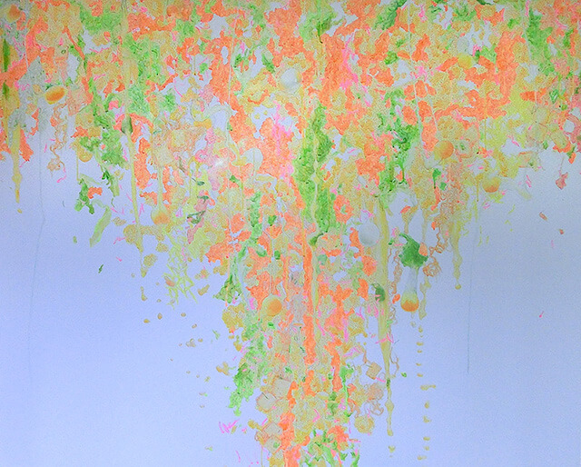 LIFE feat 26,340kcal(吉野家：牛丼並盛×34+みそ汁×4+けんちん汁×3+玉子×7+半熟玉子×2+追っかけ小鉢豆腐白滝×5+追っかけ小鉢ねぎ玉子×3+追っかけ小鉢おくらとろろ×2+追っかけ小鉢とろりチーズ×2+お新香×8+キムチ×2+コールスローサラダ×8)2012年 パネルにケント紙、アクリル、色鉛筆、アイシャドー 162.1×130.3cm