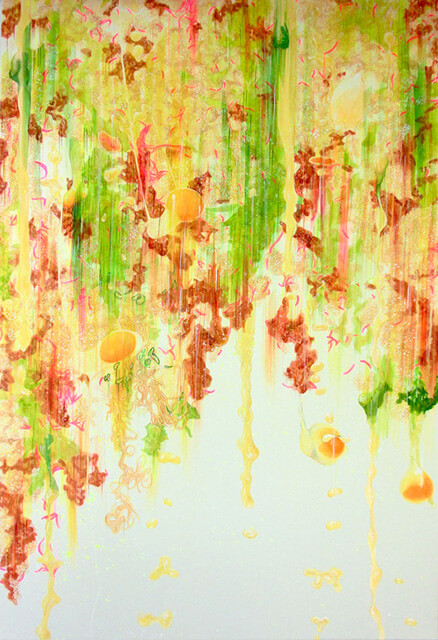 LIFE feat 9,519kcal(吉野家：牛丼並盛×12+みそ汁×5+けんちん汁×3+玉子×4+半熟玉子×1+追っかけ小鉢豆腐白滝×1+追っかけ小鉢ねぎ玉子×1+お新香×2+コールスローサラダ×4)2013年 パネルにワトソン紙、水彩、アクリル、色鉛筆、ダーマトグラフ 91.0×60.6cm