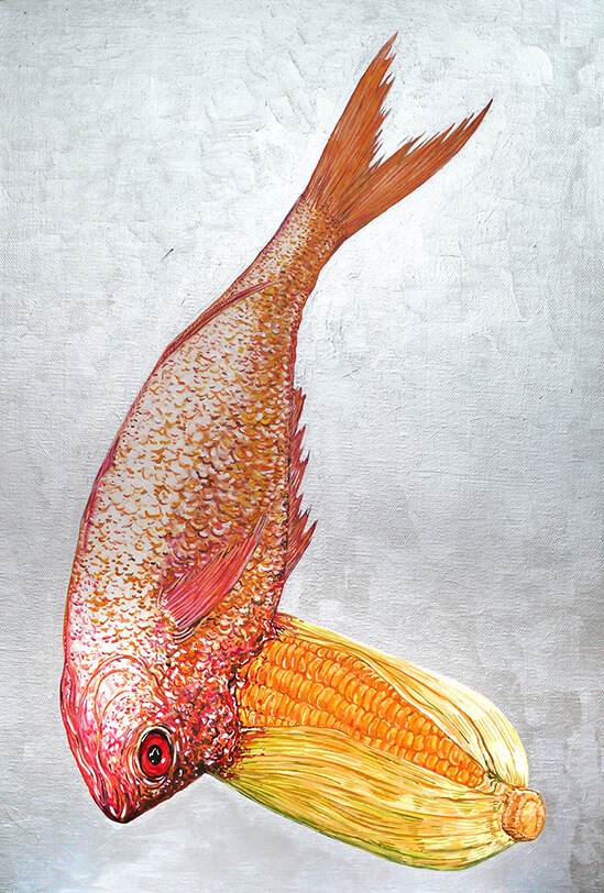 Non-GMO(Corn and Fish),2017, acrylic on canvas,45.5×30.5cm